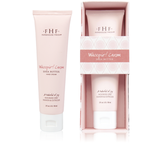Two tubes of Whoopie® Cream Shea Butter Hand Cream | Farmhouse Fresh, one displayed outside and one in soft pink packaging, designed to nourish dry hands and cuticles.