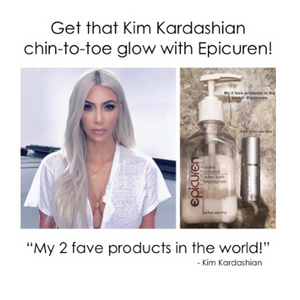 Image showing a skincare endorsement by Kim Kardashian highlighting the Kukui Coconut After Bath Moisturizer | Epicuren Discovery alongside another skincare product on a marble surface.