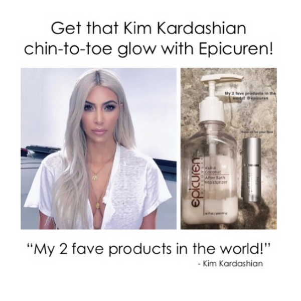 Image showing a skincare endorsement by Kim Kardashian highlighting the Kukui Coconut After Bath Moisturizer | Epicuren Discovery alongside another skincare product on a marble surface.