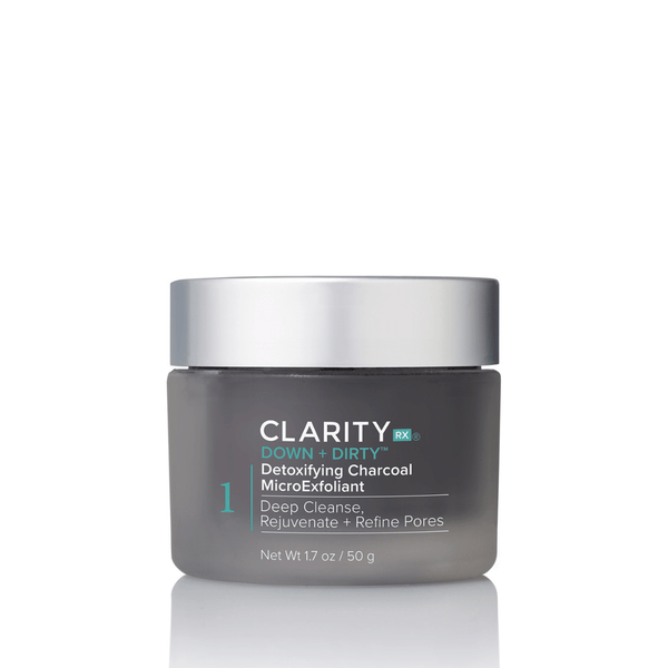 Jar of Down + Dirty™ Detoxifying Charcoal MicroExfoliant | ClarityRx with dark charcoal color and silver lid, designed for deep cleansing, rejuvenating, and refining pores in skincare routine.