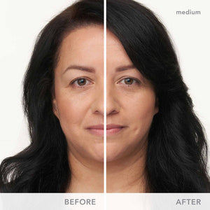Portrait of a woman showing before and after results with medium shade of Dream Tine Tinted Moisturizer SPF 15 | Jane Iredale, illustrating natural skincare enhancement.