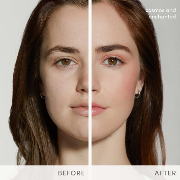 Comparison of a woman’s face before and after applying Glow Time Blush Stick | Jane Iredale, showing subtle, natural-looking color enhancement with a smooth, radiant finish.