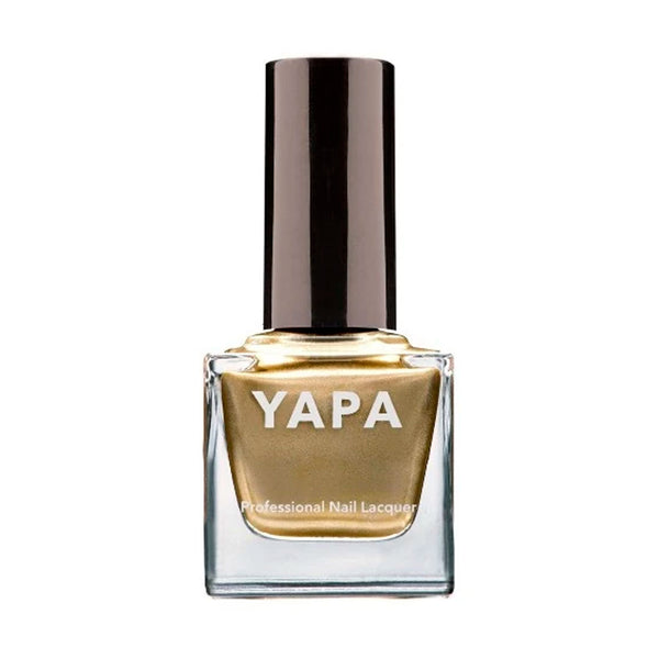 Gracie Nail Lacquer | YAPA gold metallic nail polish in a clear square bottle with a black cap, designed for professional nail care and vibrant color finish.