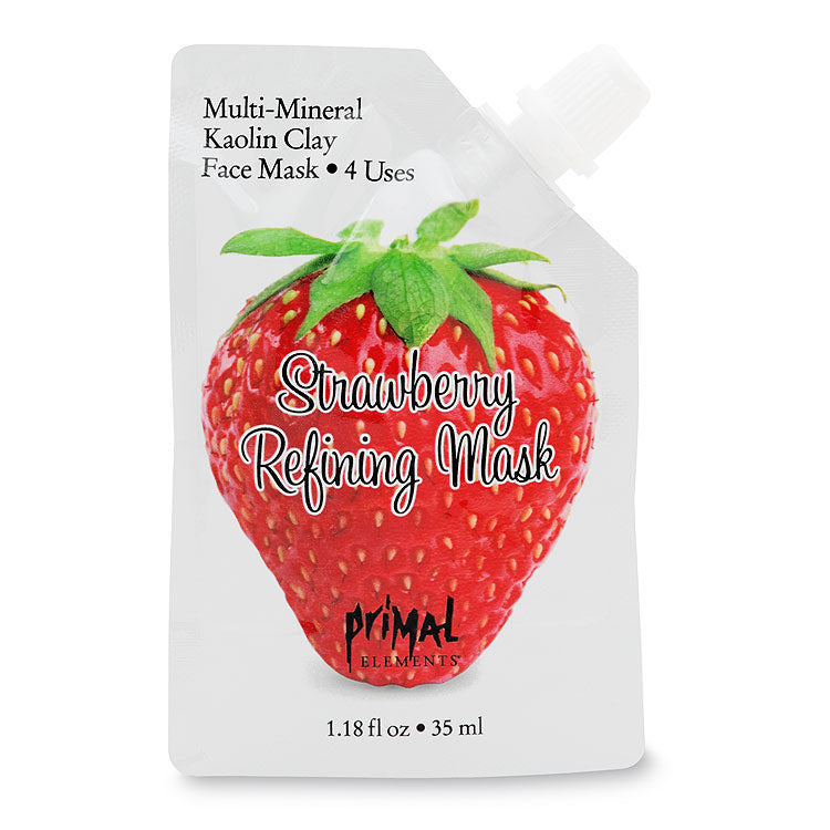 Strawberry Refining Face Mask | Primal Elements in a squeezable pouch featuring multi-mineral kaolin clay for skincare and refreshing facial treatment.