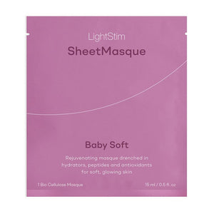 LightStim For Wrinkles | LightStim pink sheet masque packet labeled Baby Soft, promoting rejuvenating skincare with hydrators, peptides, and antioxidants for soft, glowing skin.