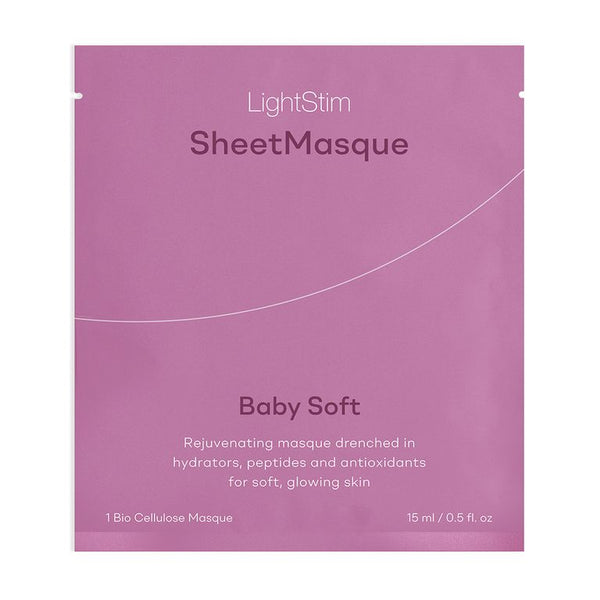 LightStim For Wrinkles | LightStim pink sheet masque packet labeled Baby Soft, promoting rejuvenating skincare with hydrators, peptides, and antioxidants for soft, glowing skin.