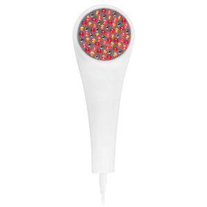 Handheld white skincare device emitting red and amber light LEDs on the treatment head, designed for anti-aging skin care with the LightStim For Wrinkles | LightStim technology.
