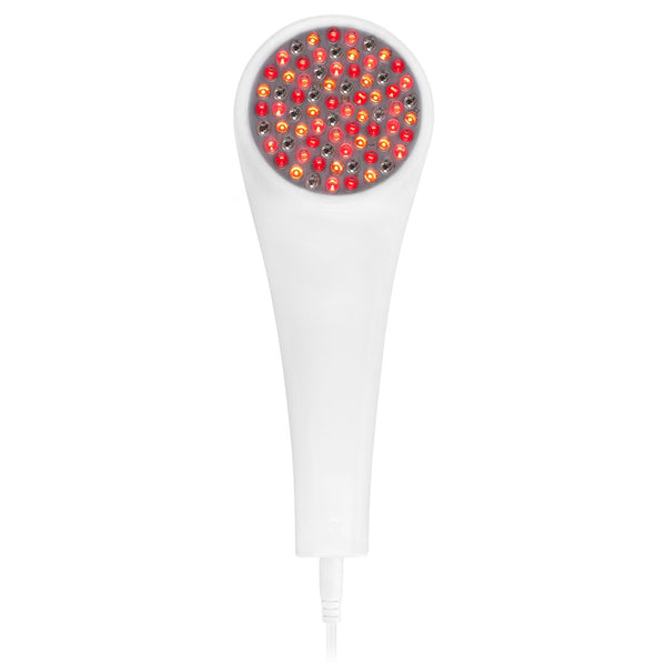 Handheld white skincare device emitting red and amber light LEDs on the treatment head, designed for anti-aging skin care with the LightStim For Wrinkles | LightStim technology.