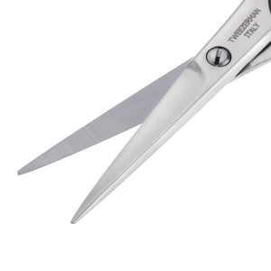 Close-up of sharp, sleek stainless steel blades on Moustache Scissors & Comb | Tweezerman designed for precise grooming and trimming.