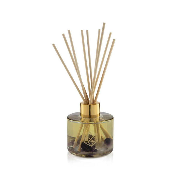 Release Reed Diffuser | Aluminate Life with natural wooden reeds in a transparent golden glass container, designed to enhance wellness and spa ambiance.