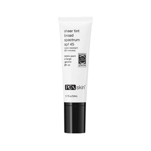 Tube of Sheer Tint Broad Spectrum SPF 45 | PCA Skin, a tinted sunscreen product designed for skincare protection with water-resistant formula.