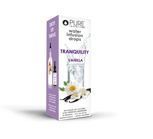 Box packaging of Tranquility Vanilla Water Infusion Drops | Pure Inventions featuring vanilla flowers and pods with water splash background, promoting a sugar-free wellness supplement.